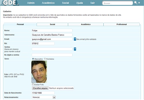 Página de edição do perfil